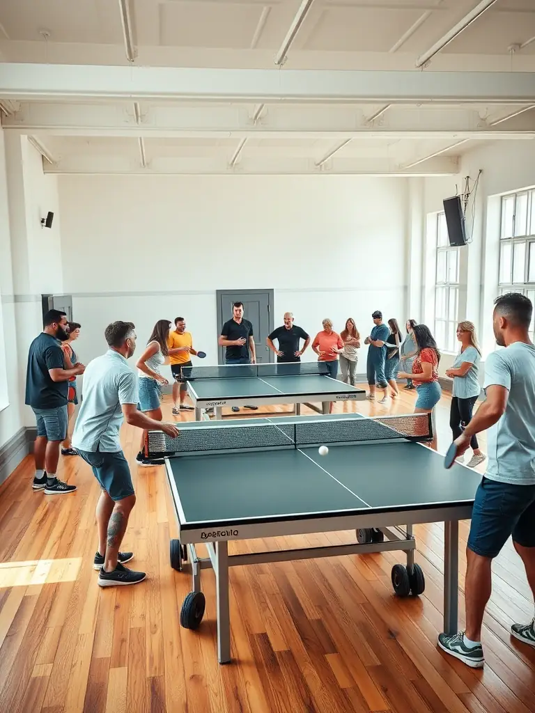A vibrant image of a local table tennis competition with players of all abilities, volunteers assisting, and enthusiastic spectators cheering in a community sports hall.