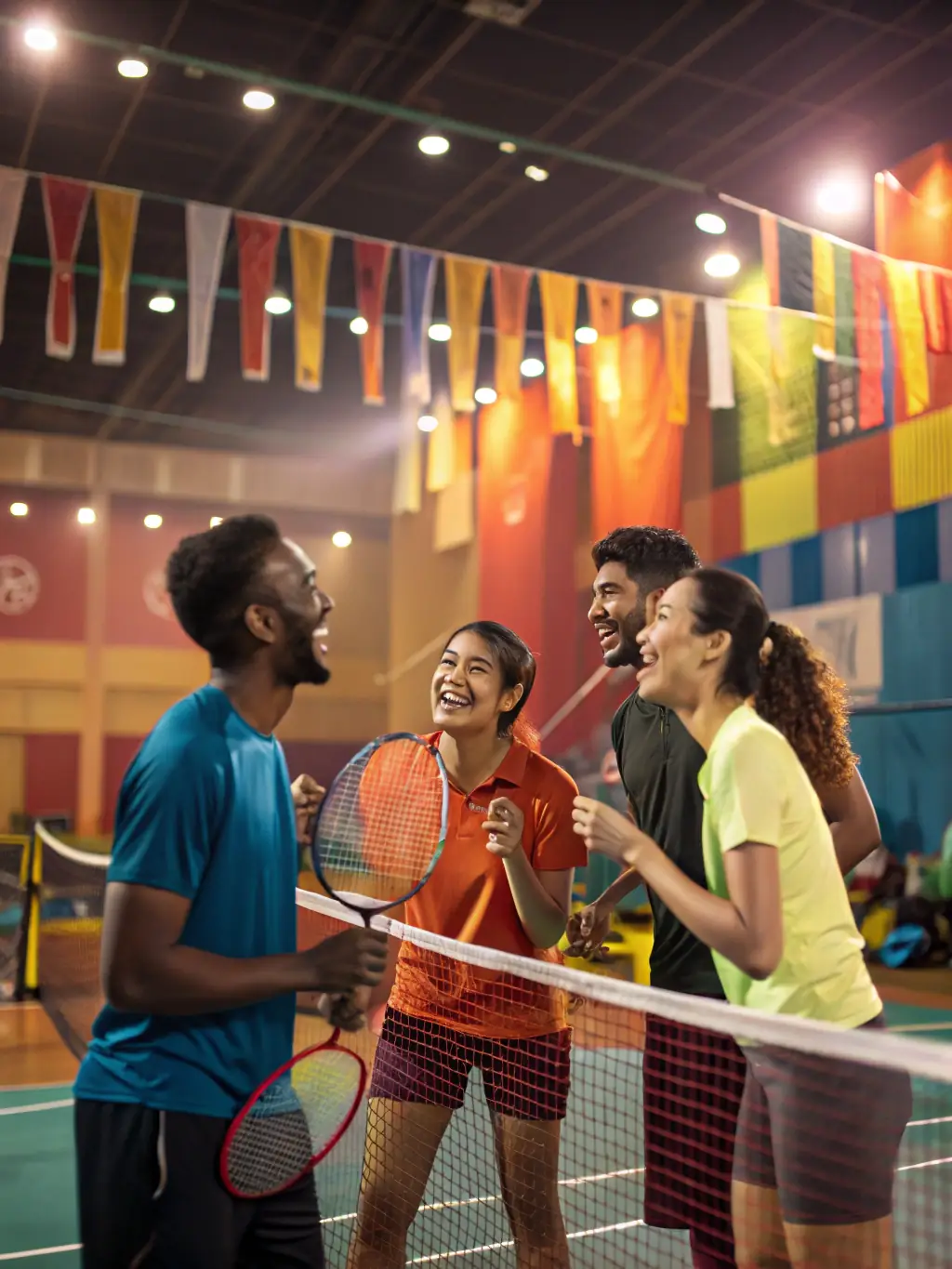 A dynamic photo of a mixed group of adults and children, including wheelchair users and visually impaired players, practicing table tennis together in a bright, accessible gym with adaptive equipment.