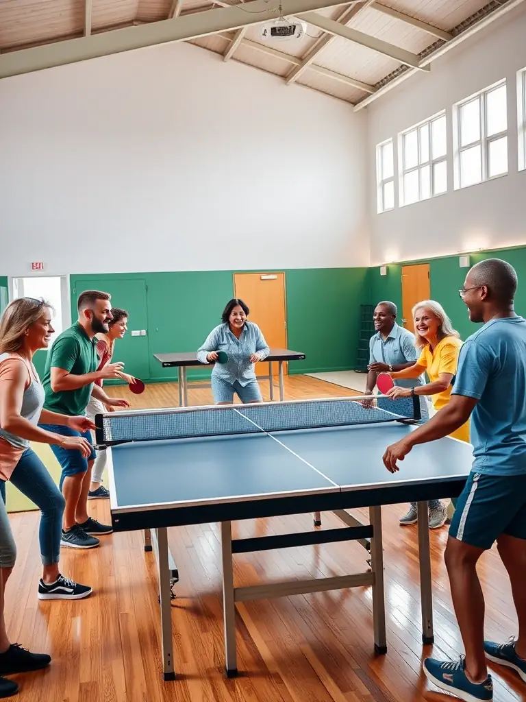 A cheerful scene of a recreational table tennis event, with families, seniors, and youth playing together, sharing laughter and refreshments in a relaxed, welcoming space.